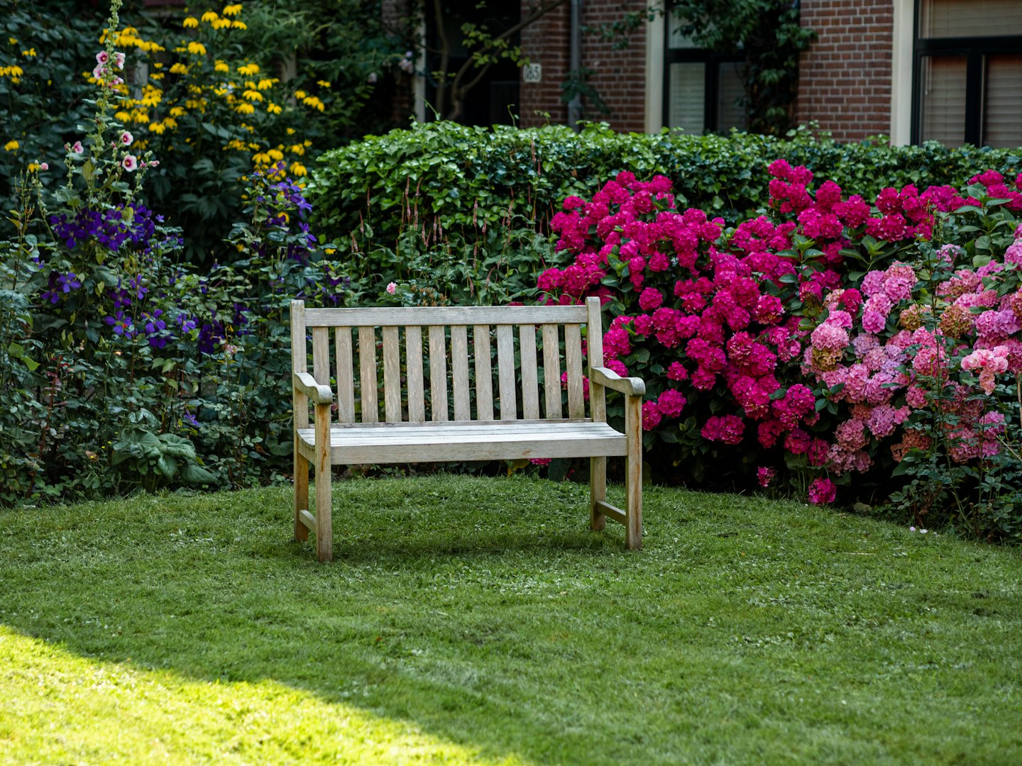 Wooden garden bench on a lawn surrounded by flowering plants.